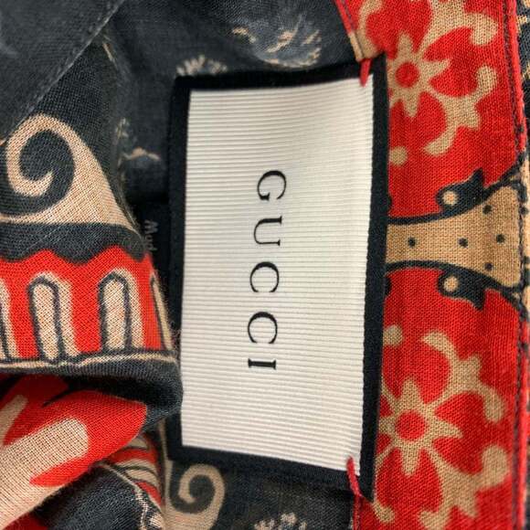 GUCCI Gray Red Khaki Print Cotton Nehru Collar Long Sleeve Shirt - Picture 8 of 8